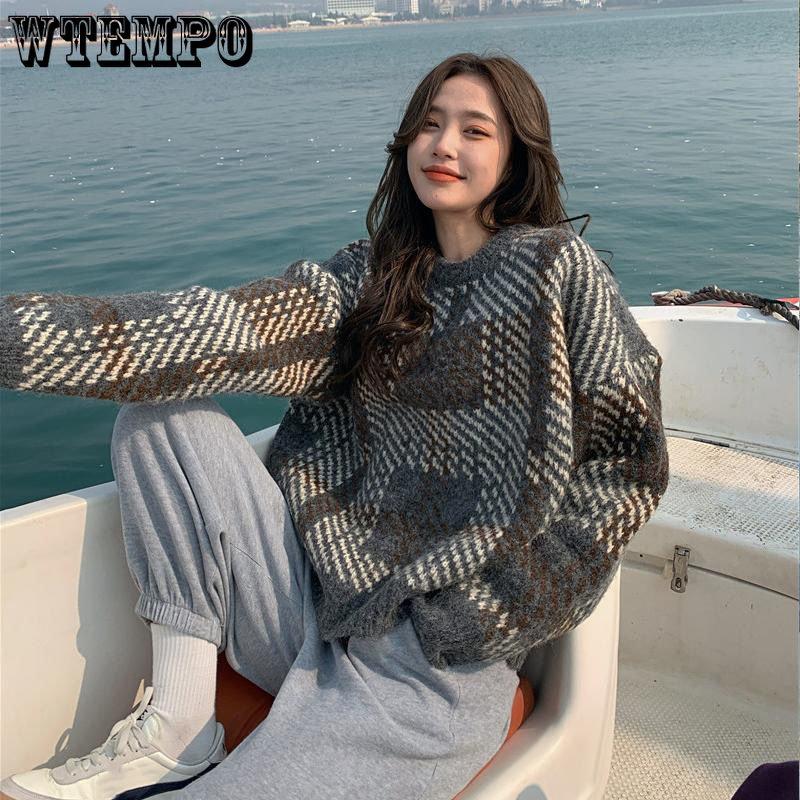 WTEMPO Мягкие женские осенне-зимние новые клетчатые ретро-свитера Y2K Loose Lazy High-end Sense of Temperament