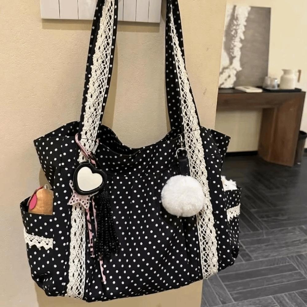 Large Capacity Polka Dot Shoulder Bag Sweet Handbag Y2K Canvas Tote Bag Youth Style