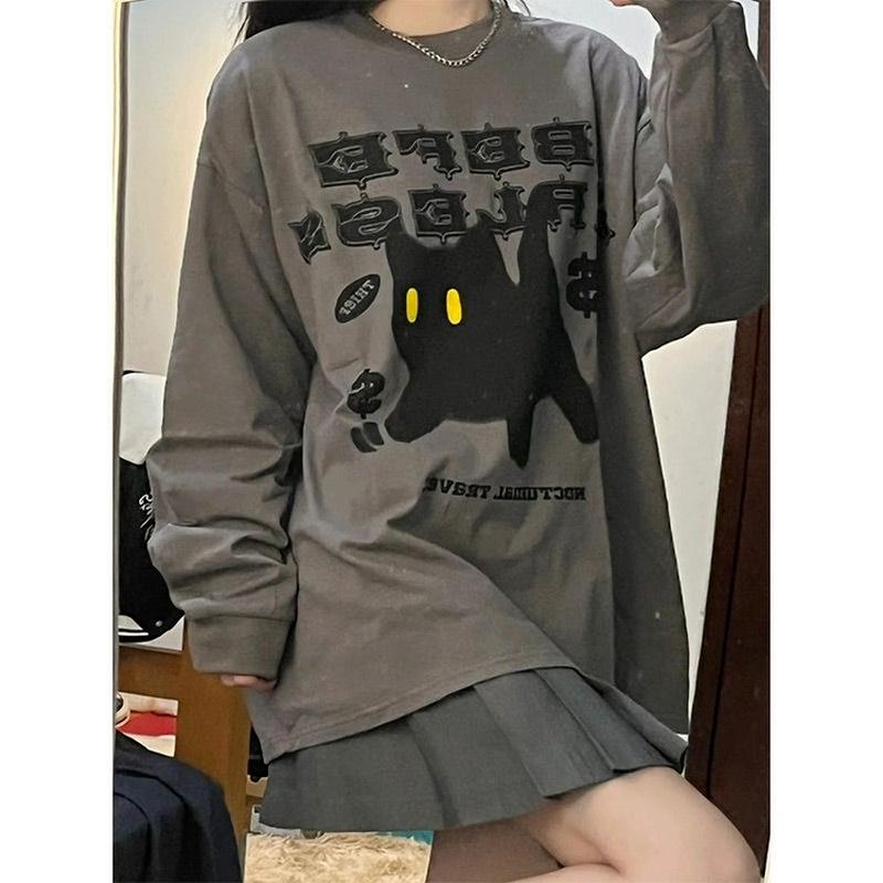 Grunge Cat Tshirts Women Harajuku Korean Fashion Oversize Long Sleeve T Shirts Female Hip Hop Vintage Gray Top Loose