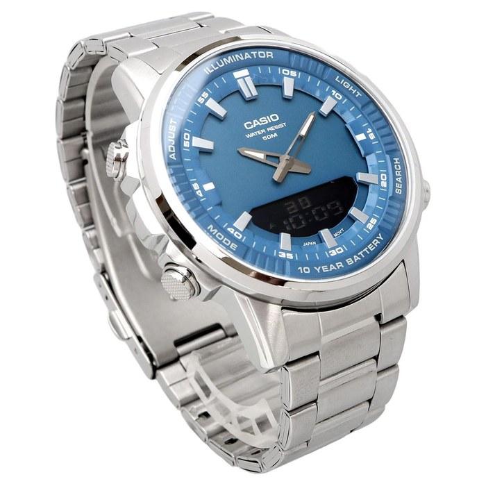 Мужские часы Casio World Time Аналогово-цифровые Кварцевые AMW-880D-2A1V Серовато-синий Металлический ремешок
