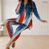 Women Plus Size Half Zip Long Sleeve Printed Longline Top And Fitted Pants Two Piece Set