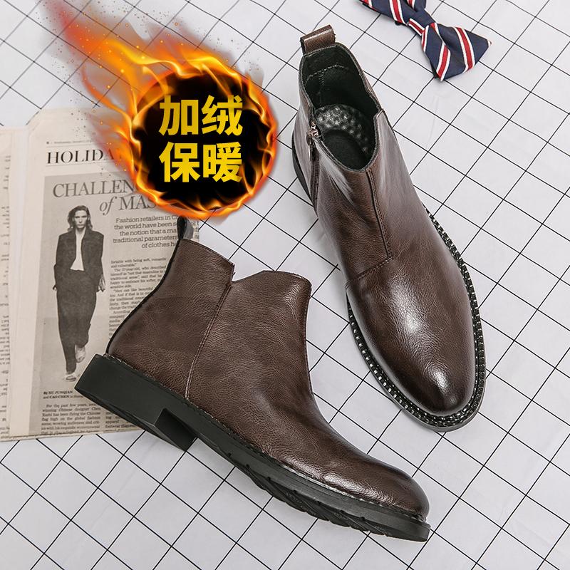 Модные зимние теплые мужские повседневные ботинки челси из хлопка, кожаные ботильоны 2024 года, лаконичные короткие ботинки, классические деловые ботинки без застежек