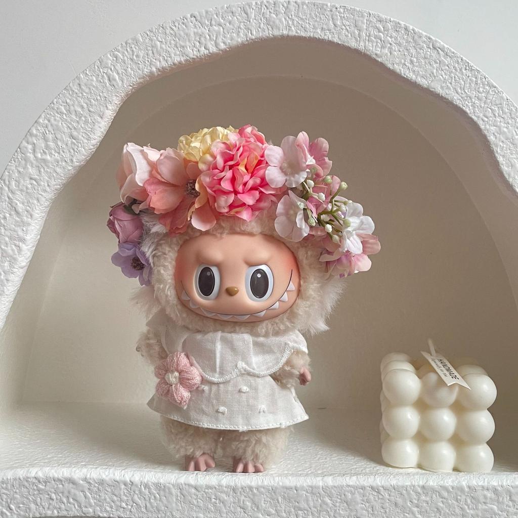 Clothes and Headband For Labubu Flower Crown White Dress Set Floral Outfit For 15/17cm Labubu 1st/2nd/3rd Gen(NO DOLL)