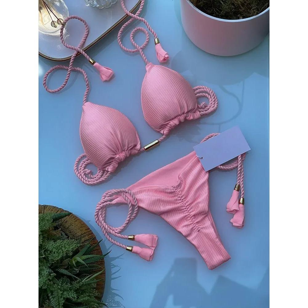 Женский купальник бикини из новой специальной ткани, однотонный, на веревочках, многоцветный