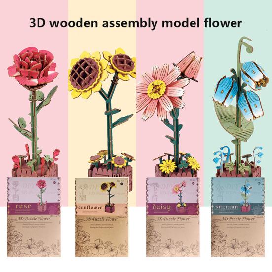 3D Wooden Flower Puzzle Kit for Adults DIY Botanical Bouquet Building Set Wood Sunflower/Rose Floral Craft Kit for Stress Relief Housewarming Gifts