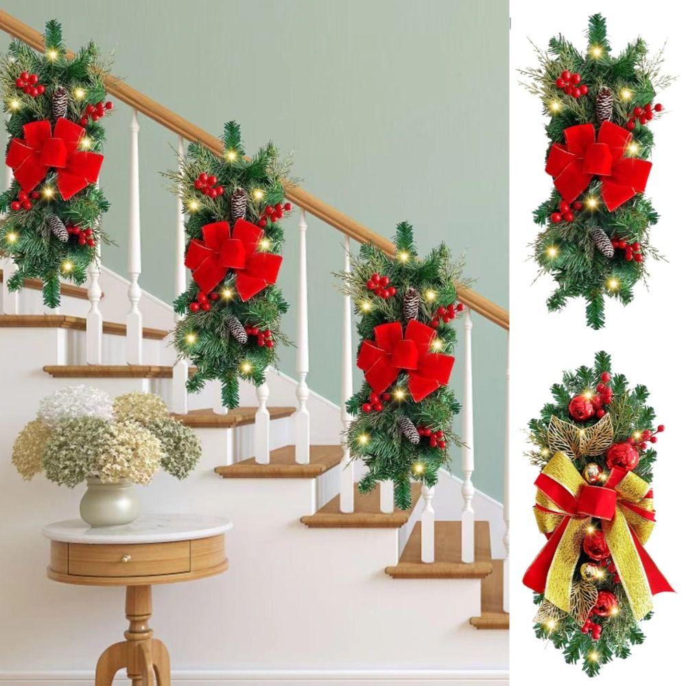 LED Door Decoration Red Rattan Bow Staircase Wreath Cute Christmas Wreath Christmas