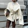 Beige Belted Short Trench Coat with Notched Lapel