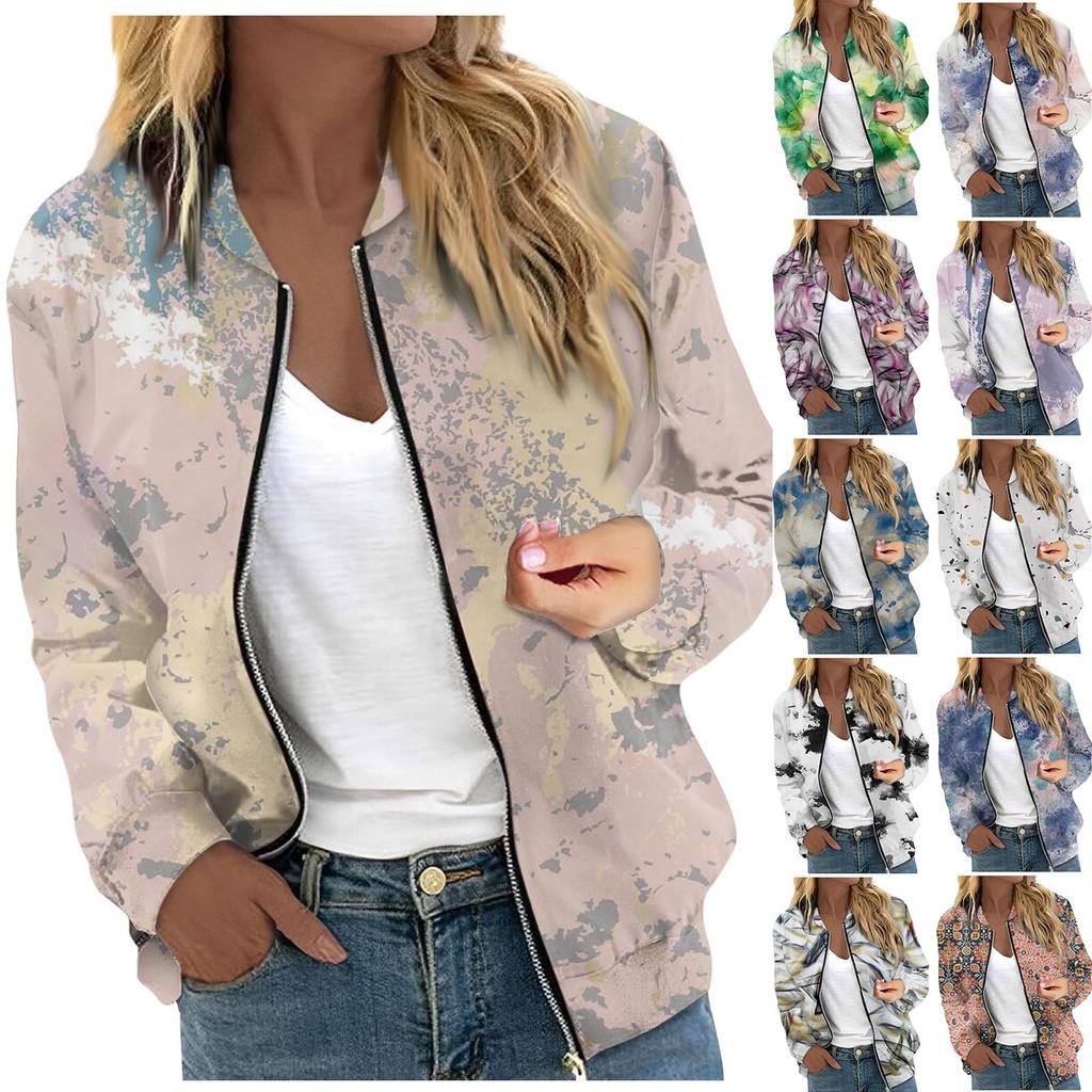Women's Outerwear Print Long Sleeve Casual Zipper Tops Cardigan Shirt Slim Jacket For Women
