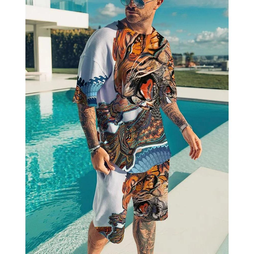 Летний комплект из 2 предметов с шортами с рисунком льва и свирепого зверя, повседневные уличные футболки и шорты, спортивный костюм с круглым вырезом и 3D-принтом