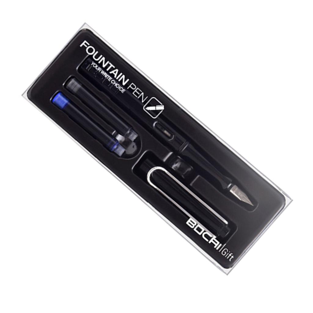 Refillable Fountain Pen with Ink Cartridge Stainless Steel Chrome Plated 0.38mm Nib Writing Pen Set Black