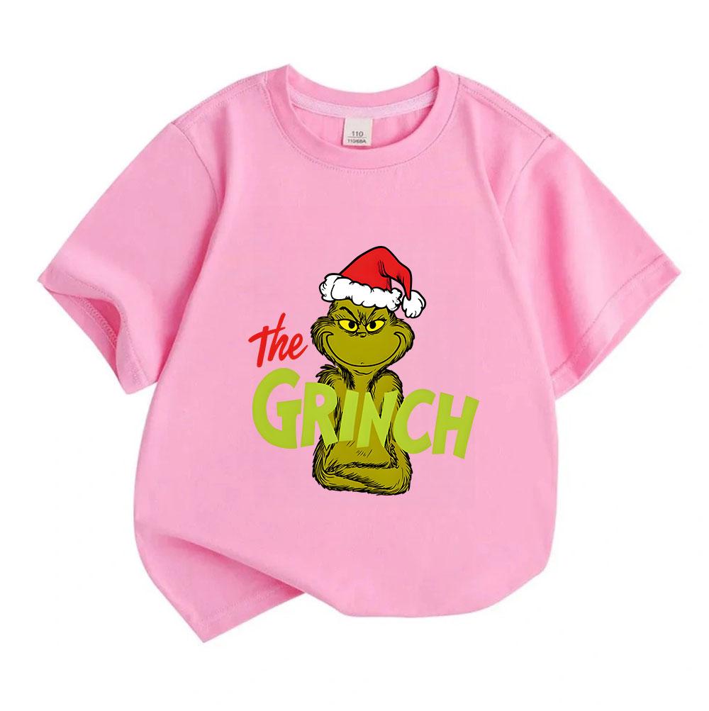 Kids Boys Girls 100% Cotton Crew Neck Short Sleeve T-Shirt, Funny Green Christmas Grinch Graphic Casual Tee for Holiday Daily Wear