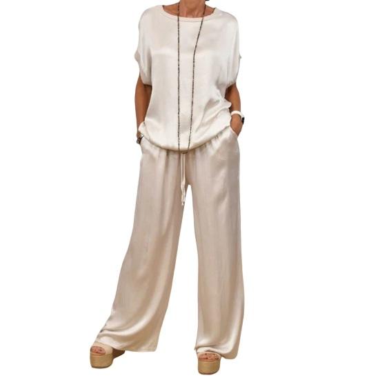Women's Satin Silky Two-Piece Set Casual Crew Neck Short Sleeve Top Wide Leg Pants Set Loose Loungewear Outfit for Spring Summer