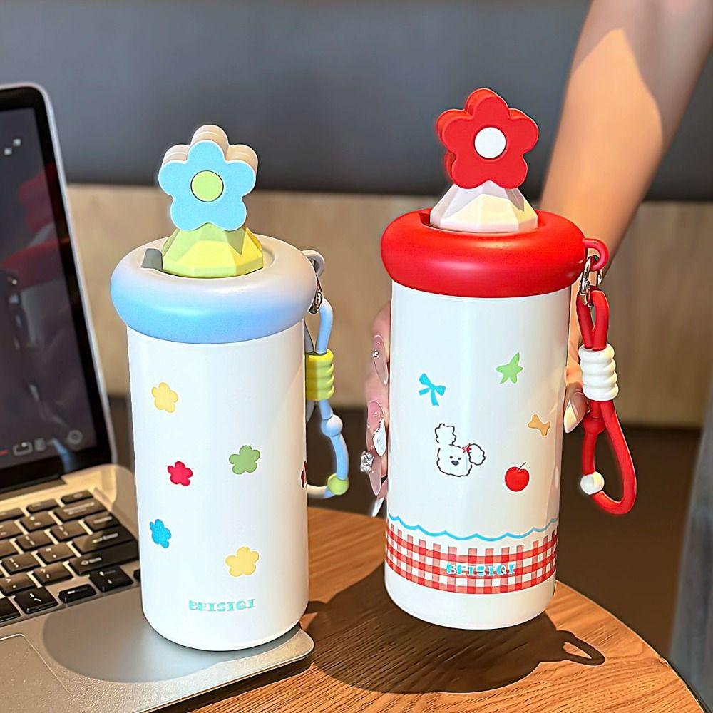 New Flower Insulated Cup Stainless Steel with Straw Thermal Water Bottle with Lanyard Vacuum Sippy Mug Gifts