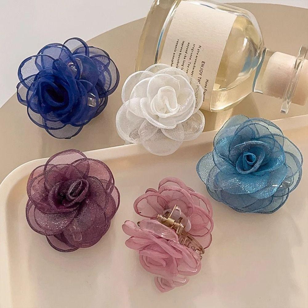 Mesh Camellia Shark Clip Cloth Flower Claw Clip Cute Simulation Flower Hair Claw  Seaside