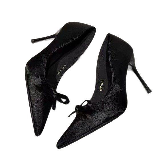 Женские туфли-лодочки на высоком каблуке, весна 2025, новые, с острым носком, атласные, темпераментные, для вечеринки, с открытым вырезом, черные туфли-стилетто