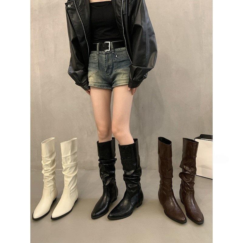 Beige Coarse Heel Pointed Pile Boots Boots Women'S Shoes Spring Autumn Winter Medium Tube Skinny Knight Boots