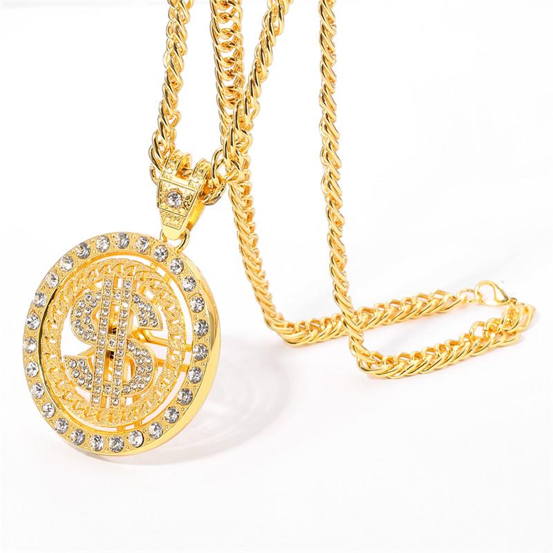 Men Hip Hop Rotating Dollar Pendant Long Necklace Rhinestone Jewelry Accessories