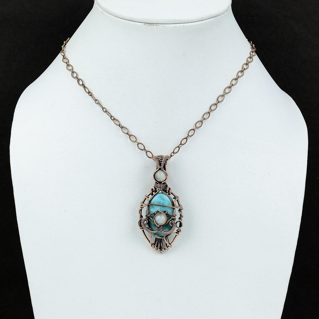 Подвеска с ларимаром от сглаза, медная проволока, ювелирное изделие, драгоценный камень, подвеска ручной работы, радужный лунный камень, подарочная подвеска, медная проволока, обернутая в рулон