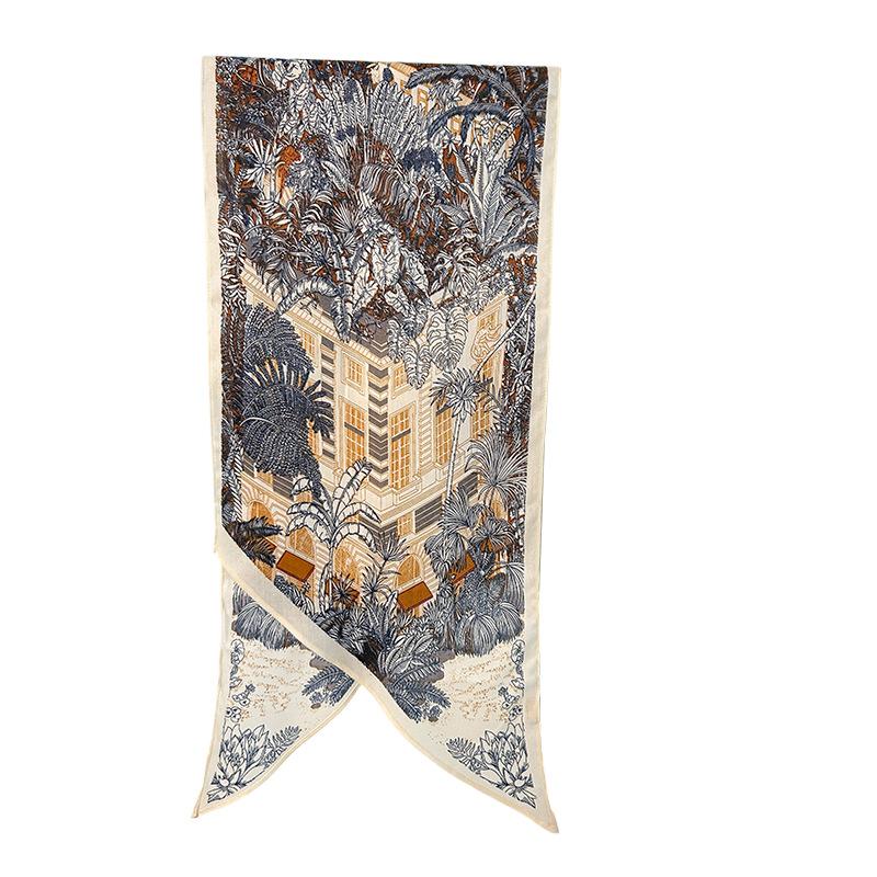 New Parallel Scarf Simulation Silk Scarf Spring and Autumn Women's Thin High-end Plant Flower Printed Scarf
