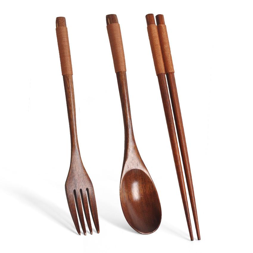 3 PCS Set Wooden Spoons Forks Chopsticks with Tangled Threads of Long Handled Solid Wood Adult Portable Spoons Forks Tableware
