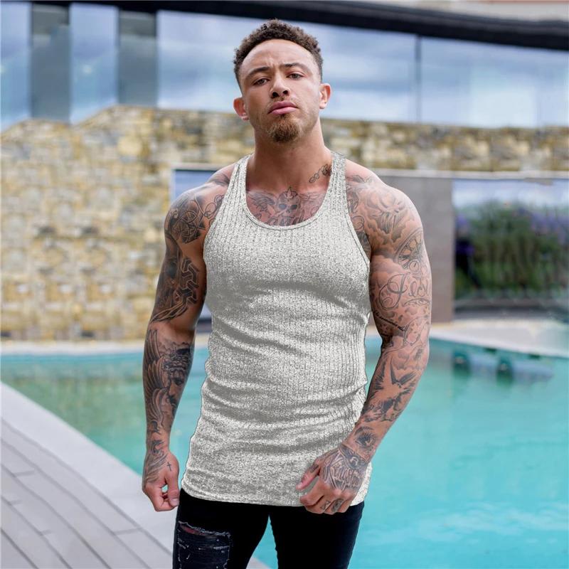 Muscleguys Однотонные летние майки для бега, быстросохнущие, вязаные, майки для зала, фитнеса, без рукавов, в полоску, приталенные, мужская одежда для бодибилдинга