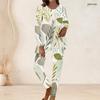 Women Plus Size Two Piece Set Round Neck Long Sleeve Leaf Printed Longline Top Fitted Pants