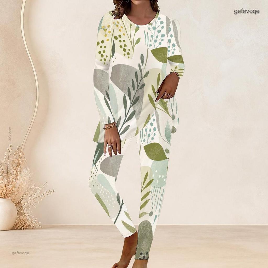 Women Plus Size Two Piece Set Round Neck Long Sleeve Leaf Printed Longline Top Fitted Pants