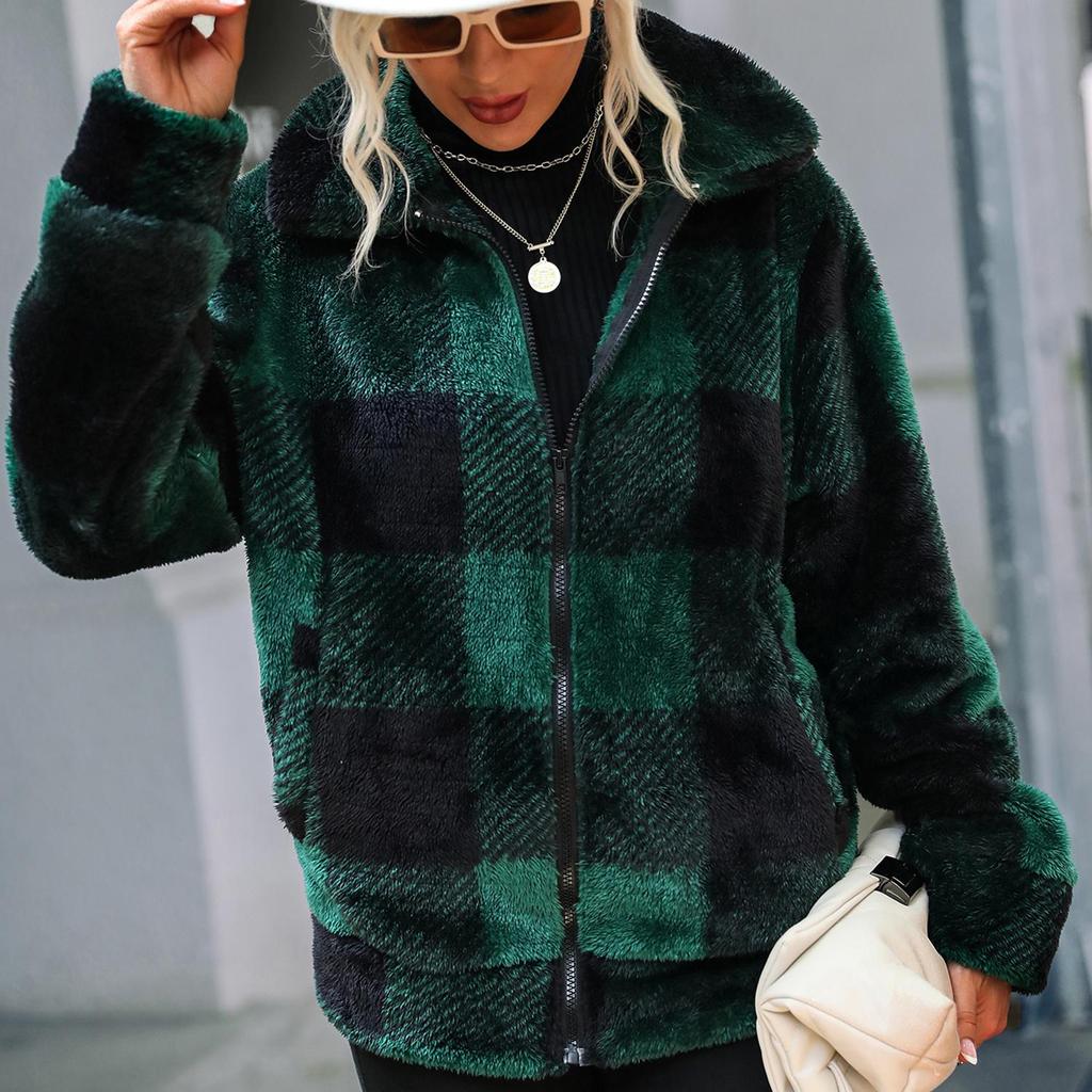 Женские куртки из флиса в клетку на молнии с плюшевыми длинными рукавами на осень-зиму и весну, верхняя одежда средней длины, модная уличная повседневная одежда