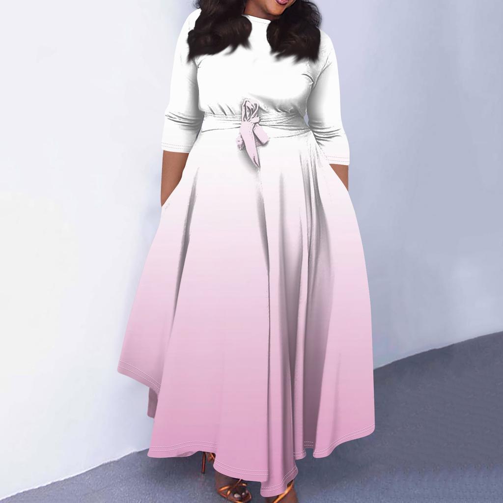 Women's Casual Fashion Large Size Gradient Printing Round Neck Three-quarter Sleeve Pocket Straps Swing Dress