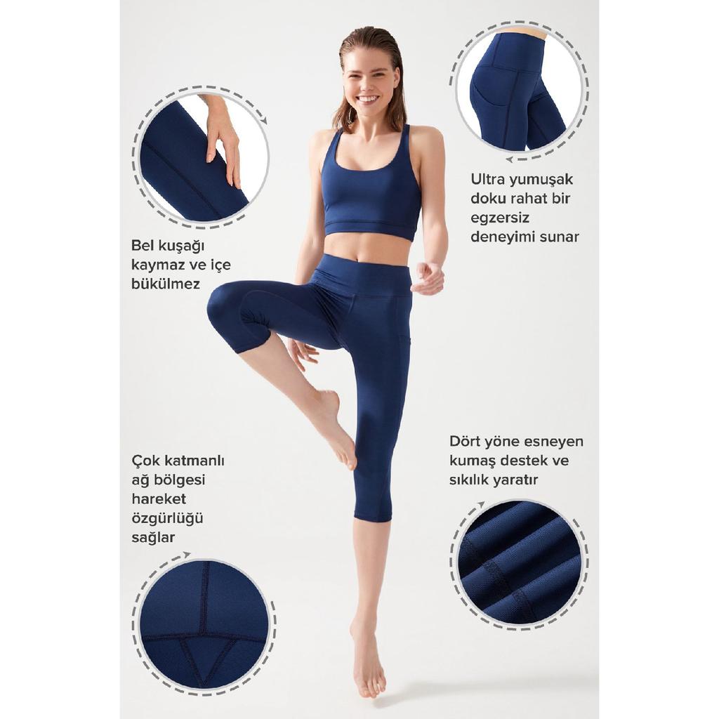 Женские черные леггинсы-капри длиной ниже колена с высокой талией и двойным карманом, капри