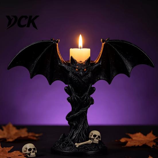 Dark Aesthetic Candle Decor Halloween Devil Bat Holder, Gothic Winged Candlestick with Tea Light Holder Red Eyes, Matte Black Sticks