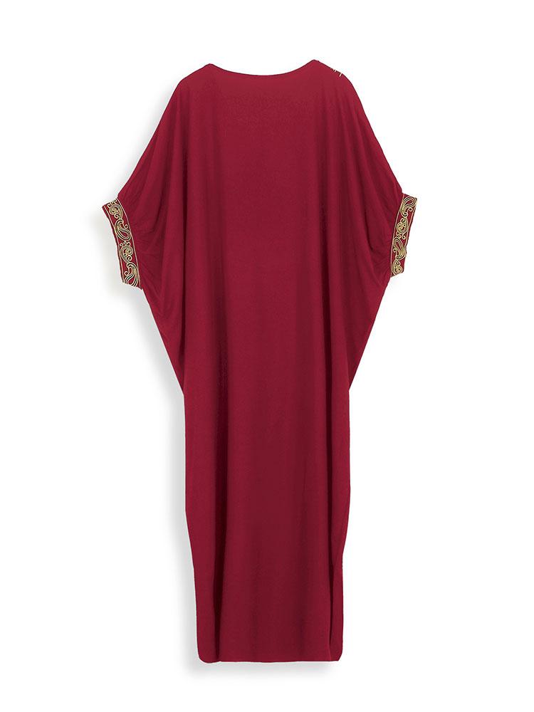 EDOLYNSA Golden Embroidered Plus Size Red Kaftan Dresses for Women Cozy V-neck Half Sleeve Beachwear Swimsuit Cover Up Loose Caftan