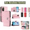 6-Color PU Leather Diamond Check-Patterned Wrist Strap Wallet Phone Case for Realme 8 9 10 11 12 13 14,GT3 GT5 GT6...Narzo 20 50...C11 C12 C15 C17...