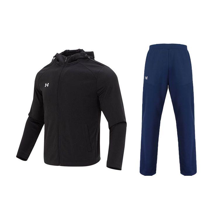 Under Armour Однотонная куртка с капюшоном и длинными брюками с логотипом, повседневный спортивный комплект для мужчин, черный, студенческий, синий 23600303-001+21500737-408