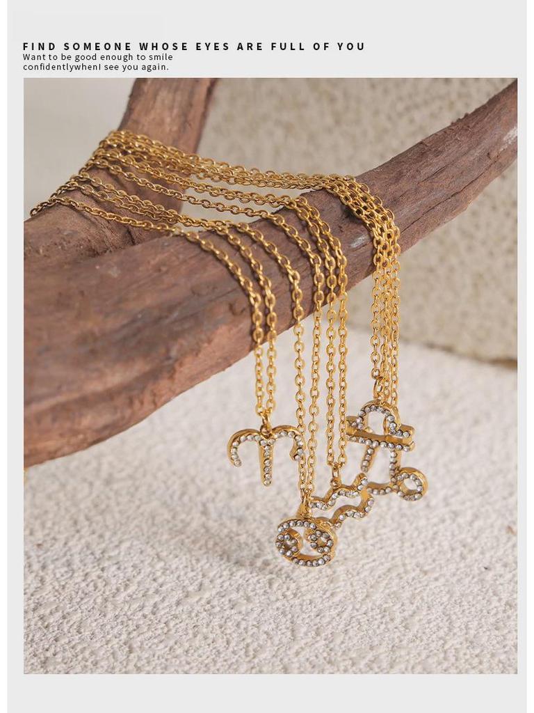 Custom Fashion Gold Titanium Steel Necklace with Zodiac Pendant and Rhinestones