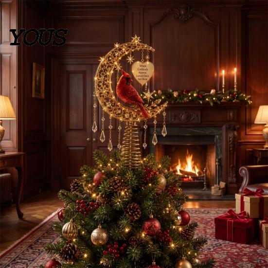 Rustic Holiday Tree Decor Lighted Memorial Christmas Topper, Angel Red Bird Reindeer Designs Treetop Ornament Party Ornaments with Warm Glow