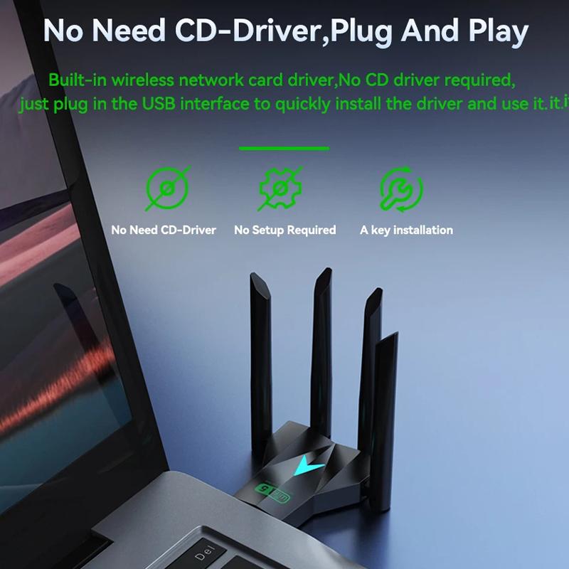 Двухдиапазонный USB-адаптер Wi-Fi 1300 Мбит/с 2,4 ГГц / 5 ГГц Wi-Fi Dongle USB 3.0 802.11Ac Беспроводной приемник с 4 антеннами для ПК/ноутбука Без драйверов