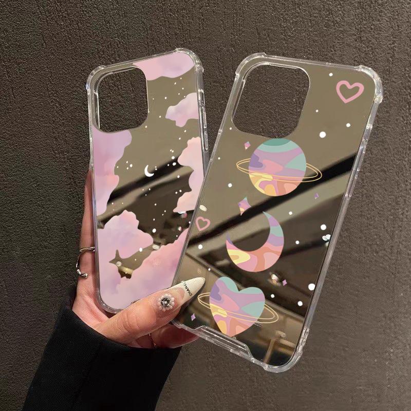 Чехол для телефона с ярким узором 'Луна и Сердце' для iPhone 16 15 14 13 12 11 Pro Max XS X XR 7 8 Plus SE2 Зеркало для макияжа Ударопрочный чехол