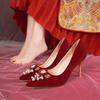 Spring Pearl Flower Wedding Bride Shoes Women Red Slip -On Thin Heels Pumps Woman Elegant High Heels Shoes For Female
