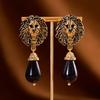 Retro Gold Lion Head Earrings with Black Teardrop Pendant - Unique Niche Design