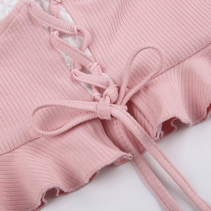 Розовый топ с длинными рукавами Y2k, женский сексуальный кружевной лоскутный бандаж с квадратным воротником, тонкая футболка, эстетический укороченный топ для кокетк...