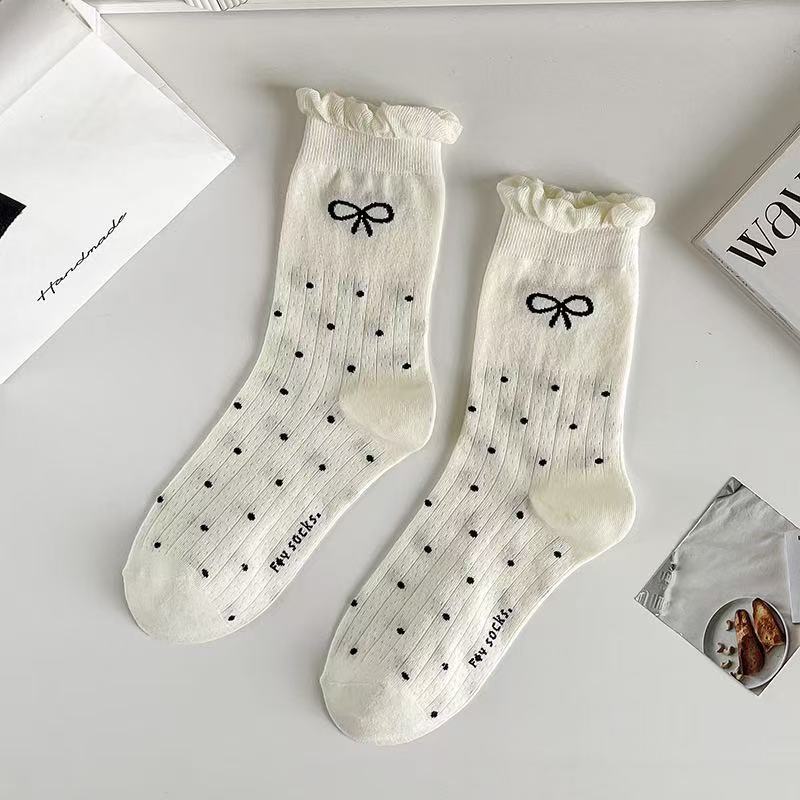 Модные носки Женские Весенне-осенние Новые Хлопковые носки средней длины с вышивкой в виде бантика