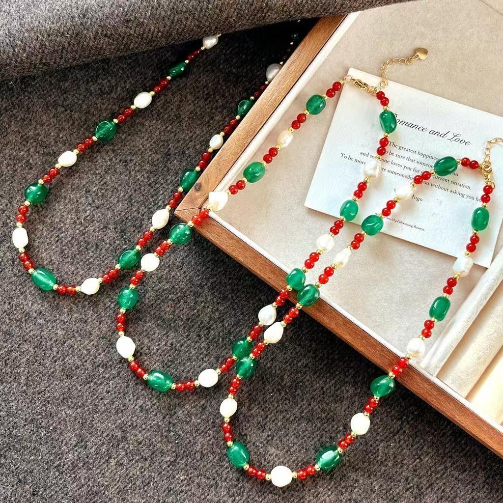 Vintage Natural Chalcedony Baroque Freshwater Pearl Grandmother Green Quartzite Necklace Clavicle Chain