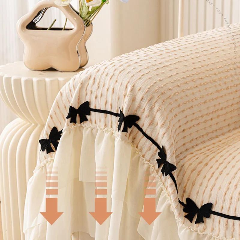 French Skirt Edge Sofa Towel with Bow Tie Luxury Striped Sofa Protector for All Seasons Beautiful All Inclusive Home Accessories