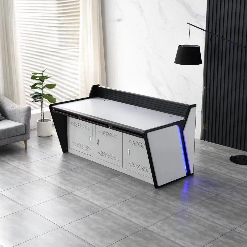 Enhanced Curved Console Command Center: Triple Screen Remote Security Monitoring Station
