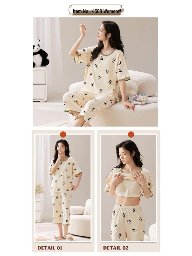 Женский летний капри-пижамный комплект 2025: Тонкий хлопок с коротким рукавом и нагрудными вкладышами, универсальный для ношения дома или на улице