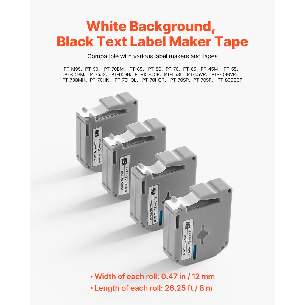 SucceBuy 4PCS 12mm M-K231 Label Maker Tape Black On White Label Ribbon Cartridge Compatible for Letra Tag of Brother Labelers
