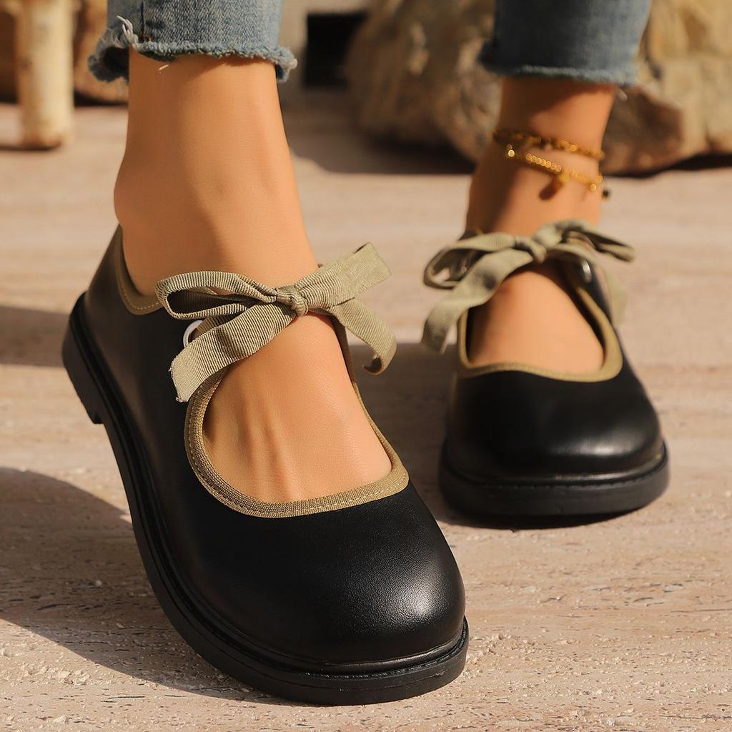 Cute Bow Round Head Flat Bottom Mary Jane Single Shoes 2025 Spring and Summer New French Retro Versatile Small Leather Shoes Women
