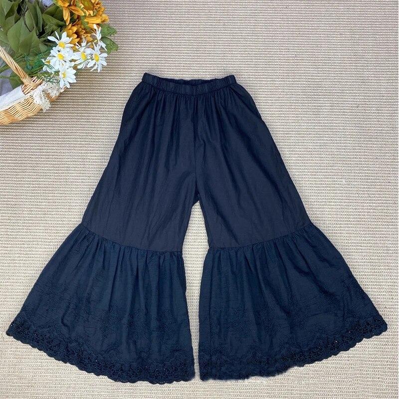 Johnature Summer Ankle-length Boot Cut Pants Mori Vintage Cotton Elastic Waist Solid Color Loose Lace Women Pants