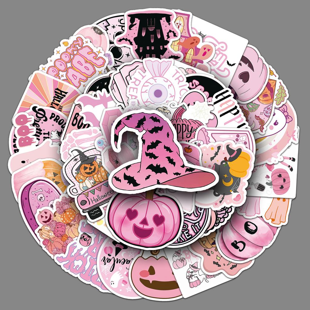 50 Розовых Хэллоуинских Граффити Наклеек Персонализированные Мультяшные Праздничные Украшения Наклейки для Чехла Мобильного Телефона и Водяной Кружки